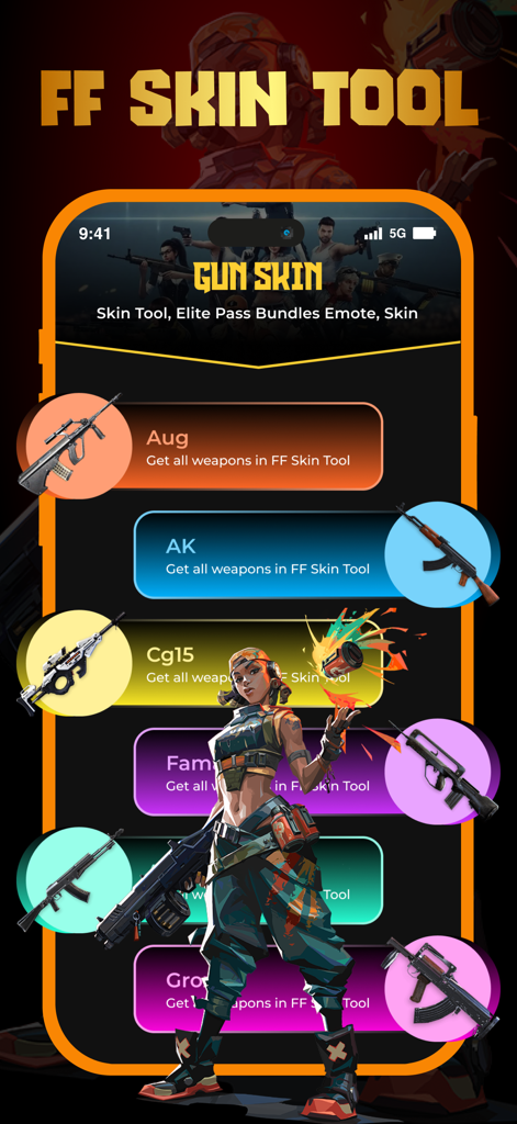FF Skin Tools Elite Pass - Mobile App-Oberfläche mit einer Liste verfügbarer Waffenskins für Free Fire, einschließlich Aug und AK