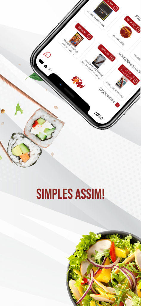 Mais Delivery APP - Mais Delivery app screen showing food promotions and images of sushi and salad