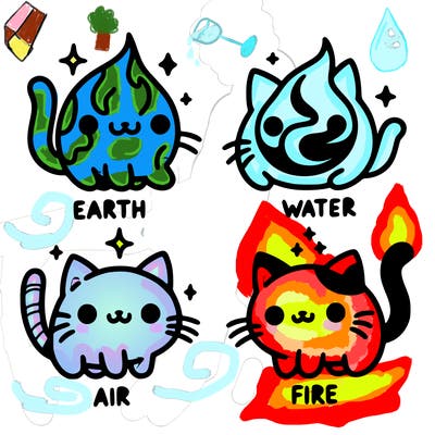 4 cats that represent the different elements, earth, water, air, and fire