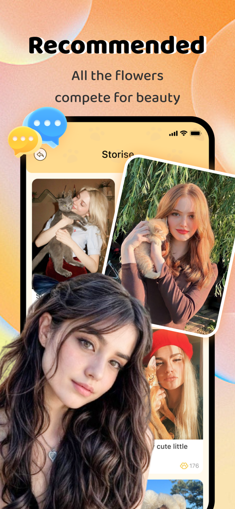 Furry app recommended stories screen featuring profiles of young women with cats in a cozy interface