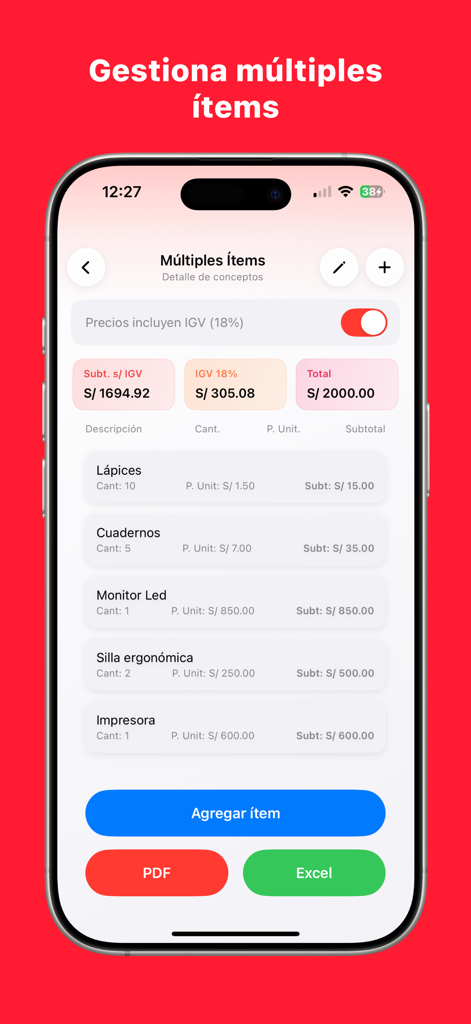 Mobile app screen showing a list of multiple business items with detailed IGV tax calculations and export buttons for PDF and Excel.