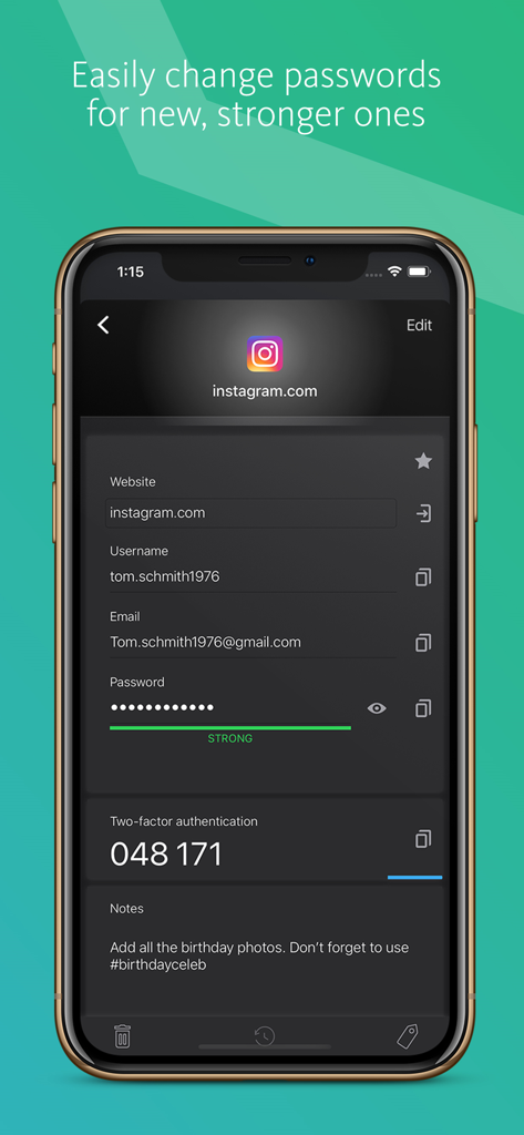 Avira Password Manager App-Bildschirm, der gespeicherte Anmeldedaten und einen Zwei-Faktor-Authentifizierungscode für ein Konto anzeigt.