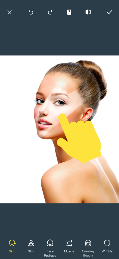 Interfaz de una aplicación de edición de fotos que demuestra el suavizado de la piel y el retoque facial en un retrato.