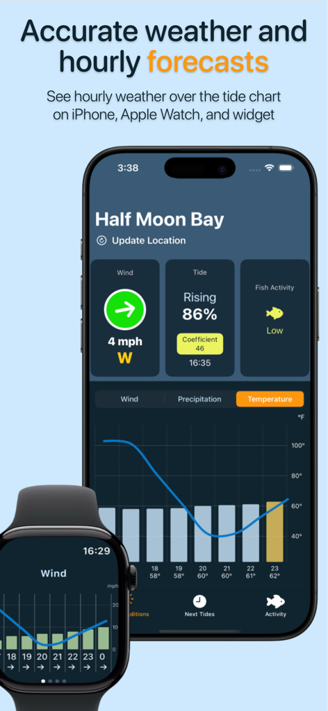 FisherPal: Fishing Forecasts - FisherPal app showing fishing weather and tide forecasts on iPhone and Apple Watch