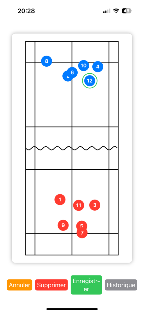 Badminton-Analyse - Badminton court interface showing shot placement with numbered markers