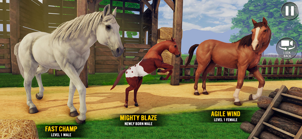 My Stable Horse Racing Games - Trois chevaux nommés Fast Champ, Mighty Blaze et Agile Wind dans une écurie virtuelle