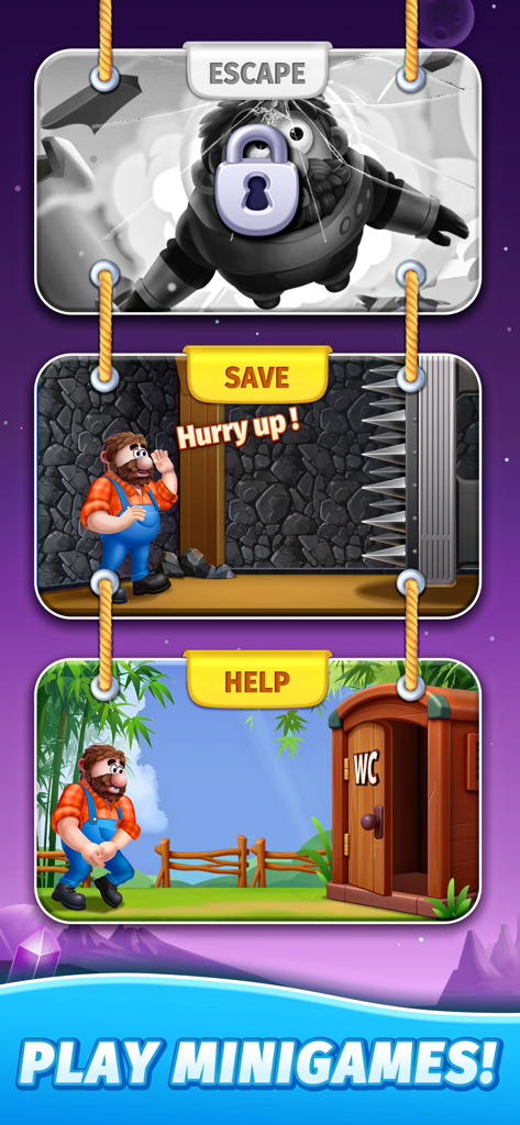 Three puzzle minigames from Jewel Sliding labeled Escape Save and Help