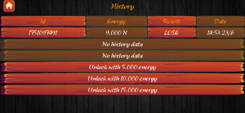 Pantalla de historial de partidas en Ajedrez Online mostrando resultados de partidas y opciones para desbloquear registros con energía