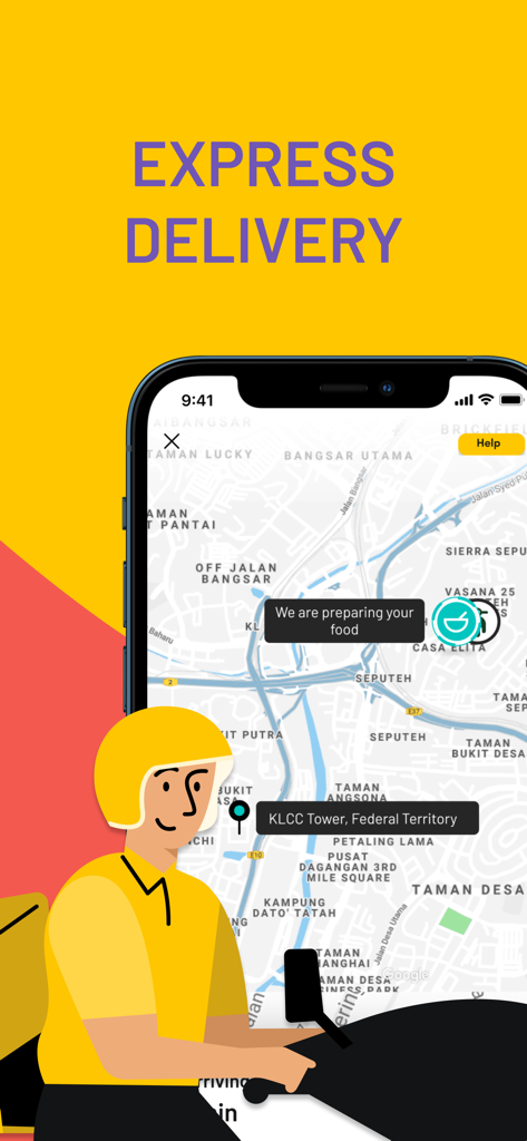 Pop - Meals just like home - Smartphone screen displaying the Pop Meals express delivery tracking map and a courier illustration.