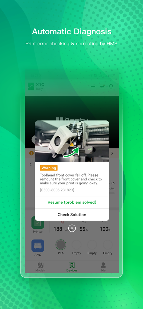 Bambu Handy - Bambu Handy app screen displaying an automatic diagnosis warning and troubleshooting steps for a 3D printer error