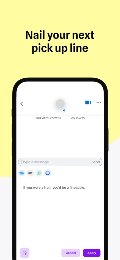CharacterKey - AI Keyboard - Una pantalla de teléfono móvil que muestra una ingeniosa frase de ligue generada por IA en una interfaz de aplicación de citas.