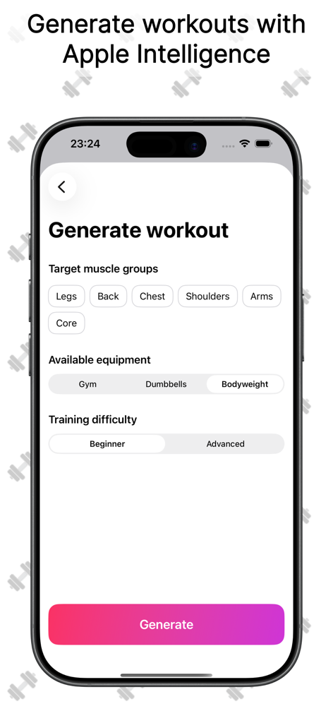 Workouts Gym Diary - Interface of the Workouts Gym Diary app showing the AI-powered workout generation feature with options for target muscle groups and equipment