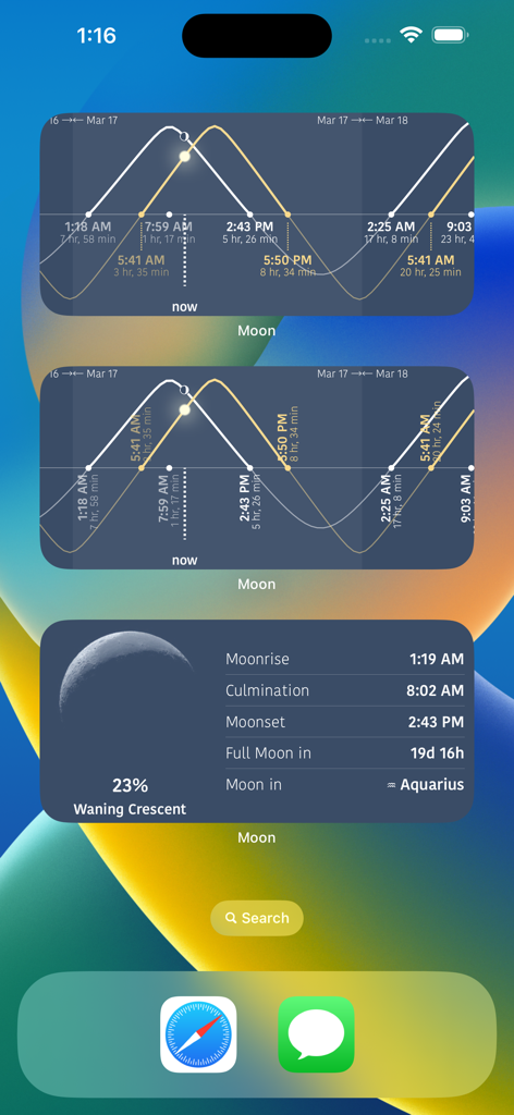Widgets d'application mobile sur un écran d'accueil d'iPhone affichant des données sur les phases de la lune et des graphiques de trajectoire lunaire