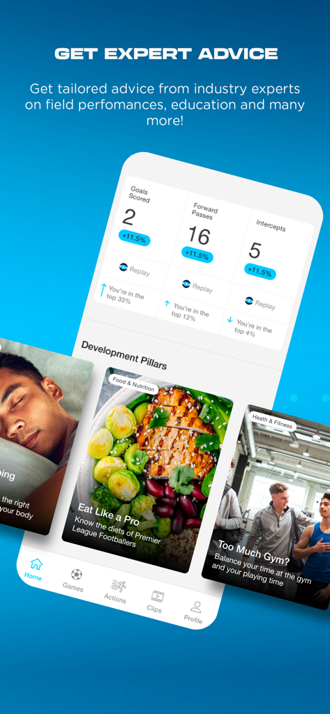 Eyeball Football - Interfaz de la aplicación Eyeball Football que muestra estadísticas del jugador y consejos de expertos sobre nutrición y fitness.