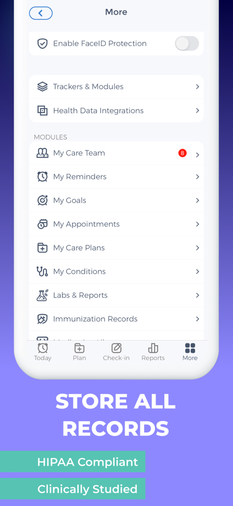 Pill Reminder & Tracker App - Interface of the Pill Reminder app showing health modules for reminders care plans and immunization records