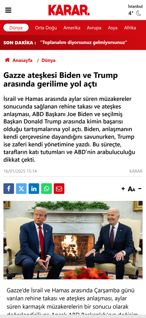 Karar - A news article on the Karar mobile app featuring a story about Joe Biden and Donald Trump regarding the Gaza ceasefire.