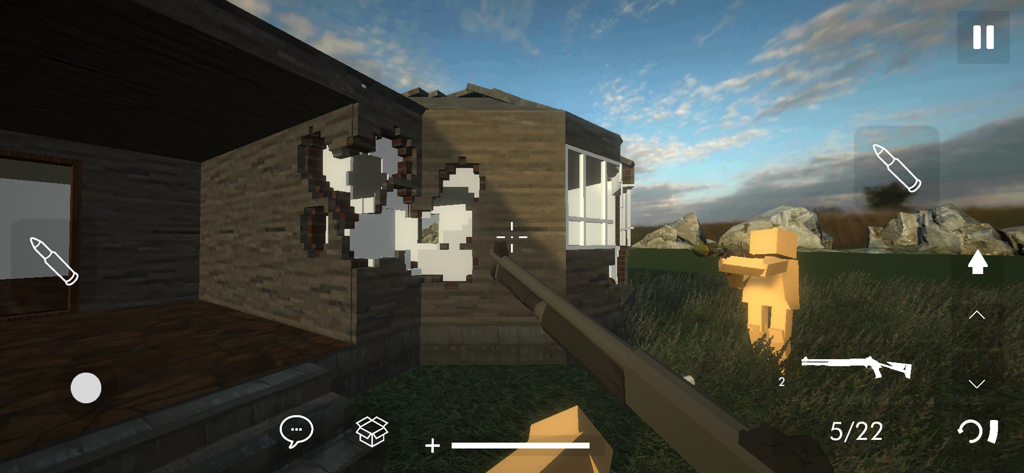 First person view of a player holding a shotgun in a blocky sandbox building destruction game