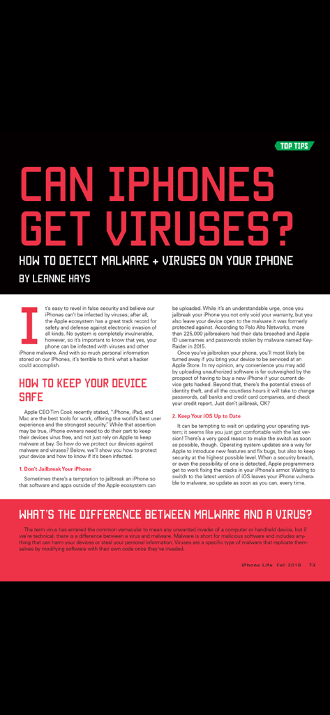 An article from iPhone Life magazine titled Can iPhones Get Viruses providing tips on detecting malware and keeping devices safe.