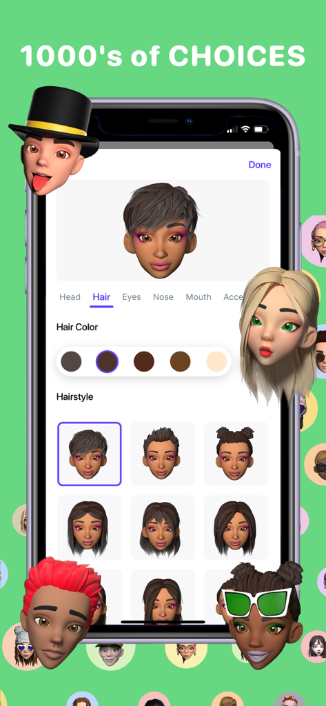 Interface do Moji Edit mostrando opções de personalização de cabelo e cor para avatar 3D