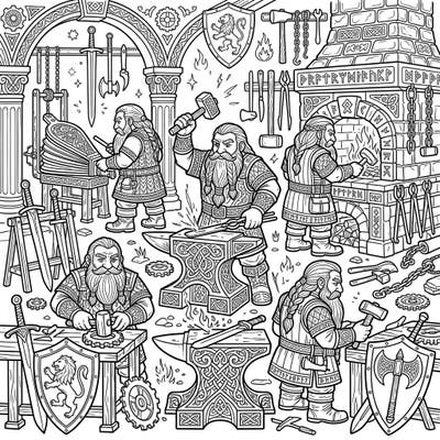 Step into a world of craftsmanship and fantasy with this stunning adult coloring page featuring bustling dwarf blacksmiths. Dive deep into an intricately detailed forge scene, designed to challenge and delight experienced colorists.