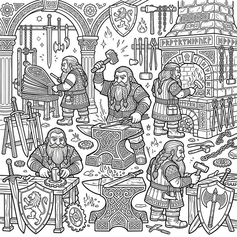 Step into a world of craftsmanship and fantasy with this stunning adult coloring page featuring bustling dwarf blacksmiths. Dive deep into an intricately detailed forge scene, designed to challenge and delight experienced colorists.