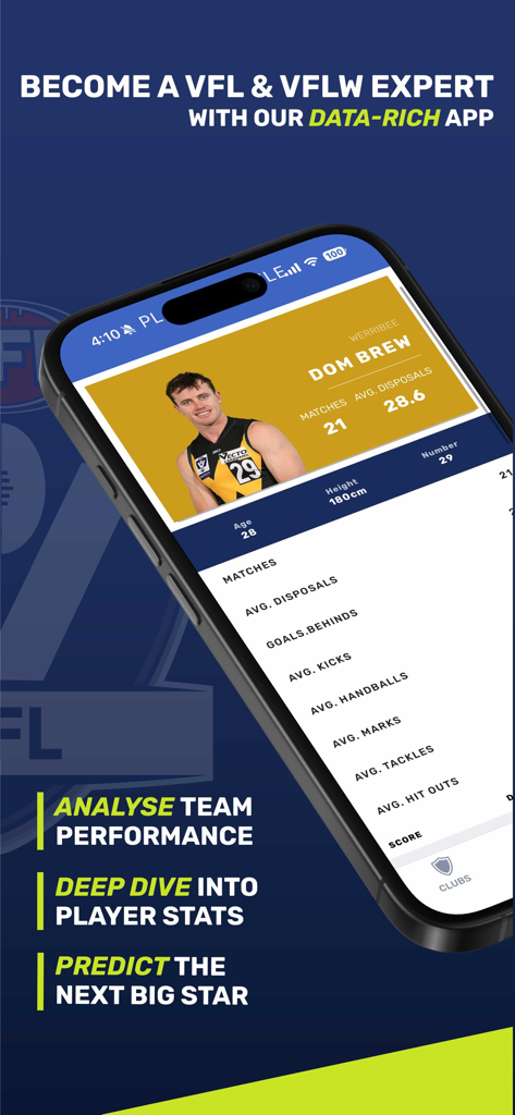 The Official VFL App displaying detailed player statistics and performance analysis for a Victorian Football League athlete on a smartphone