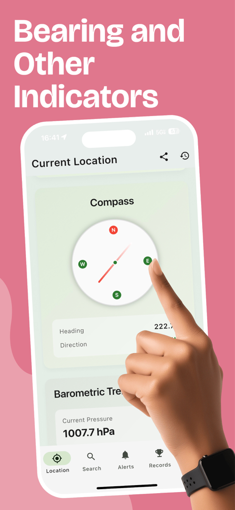 Altitude Attitude - Altitude Attitude app interface showing a digital compass and barometric pressure readings on an iPhone.