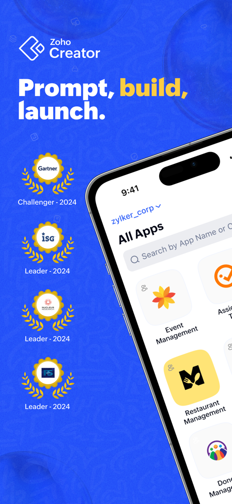 Pantalla de la aplicación Zoho Creator mostrando premios de liderazgo en la industria e iconos de aplicaciones empresariales personalizadas para gestión de restaurantes y eventos.