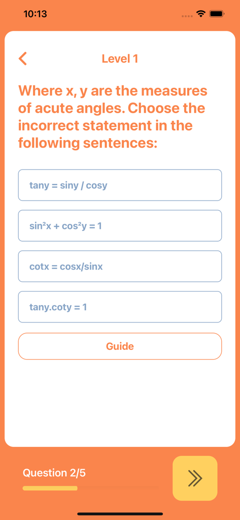 A trigonometry multiple choice quiz question on the Algebra Practice mobile app interface.