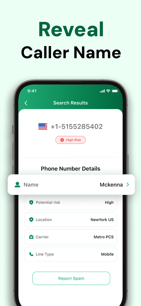 CallGuru: Reverse Phone Lookup - CallGuru app interface showing reverse phone lookup results for a high risk caller including name location and carrier