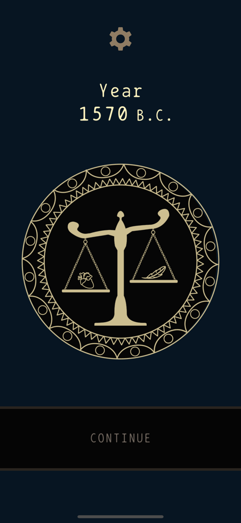 Lapse 2: Before Zero - Pantalla del juego Lapse 2 Before Zero mostrando una balanza del Antiguo Egipto pesando un corazón contra una pluma en el 1570 a.C.