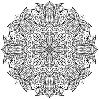 Unleash your creativity with this stunning Amber Spiders Mandala coloring page. Explore a mesmerizing symmetrical design filled with fossilized spiders and delicate webs, perfect for an engaging coloring session.