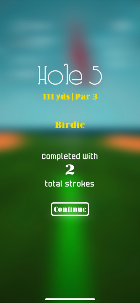 A score screen in Stinger Golf showing a birdie on a 111 yard par 3 hole completed in two strokes