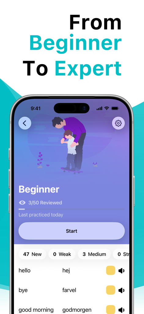 Interfaccia dell'app Impara il danese con LENGO che mostra i progressi di livello principiante e un elenco di vocabolario danese con traduzioni