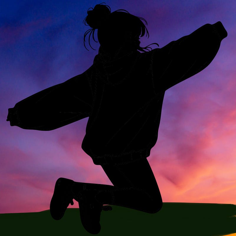 realistic girl jumping with a bun and oversized sweatshirt