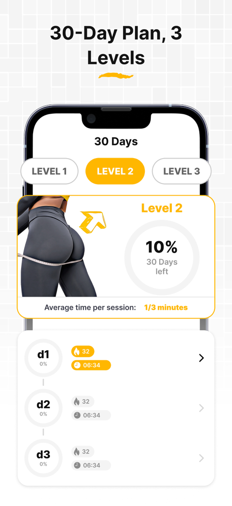 30 Day Butt Challenge workout - Interface of the 30 Day Butt Challenge app showing a 30-day plan with three different difficulty levels and daily progress tracking.