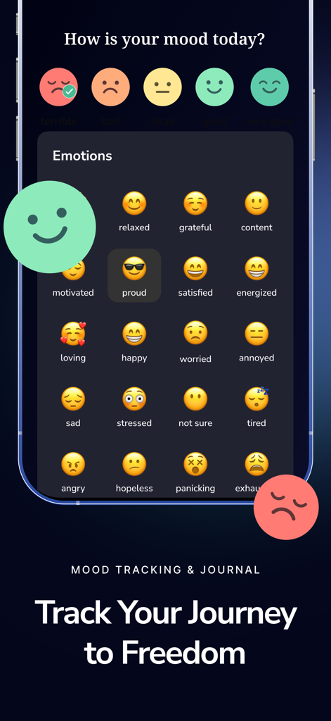 QuitBuddy: No Nut - Quit Porn - Tela do aplicativo QuitBuddy mostrando uma interface de rastreamento de humor e diário com uma variedade de emojis emocionais