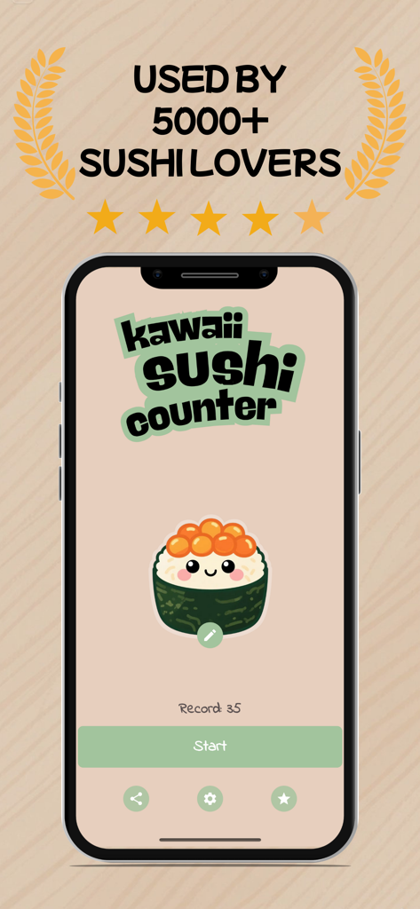Main screen of the Kawaii Sushi Counter app displaying a cute sushi icon and start button