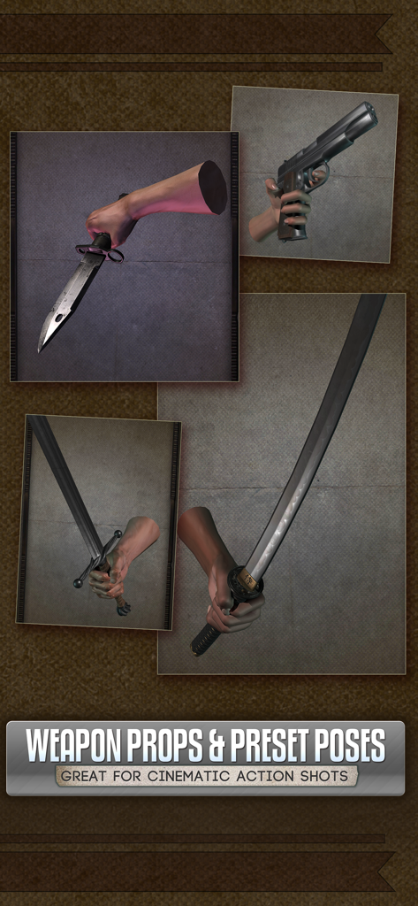 Handy Art Reference Tool - 3D hand models holding weapons like swords and guns for drawing reference in the Handy Art Reference Tool app.