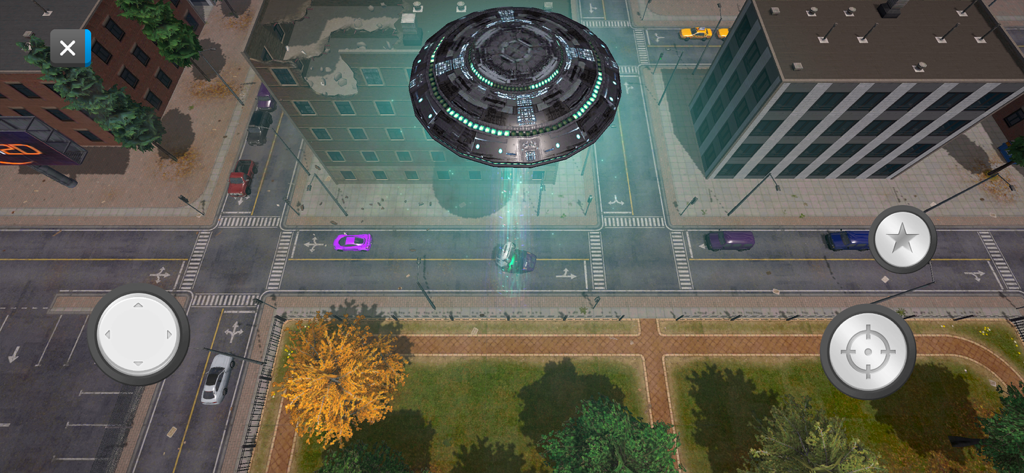 City Smash 2 - A large UFO hovering over a city street in the destruction game City Smash 2