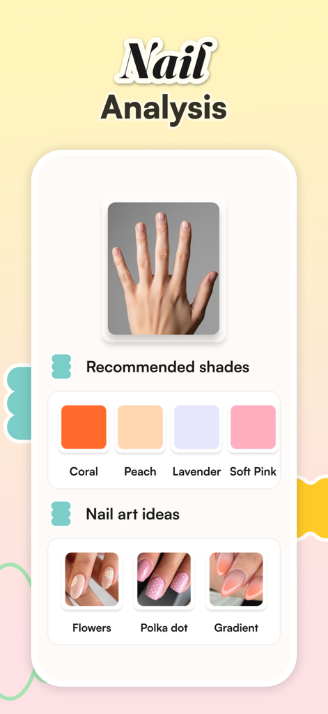 Color Analysis: WhatColors - AI nail analysis screen showing recommended nail polish shades and creative nail art ideas based on skin tone.