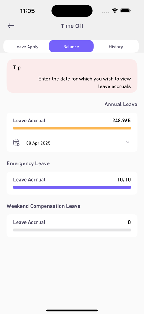 직원의 시간 외 휴가 잔여 일수 및 적립 내역을 표시하는 몰-마웨드 모바일 앱 화면