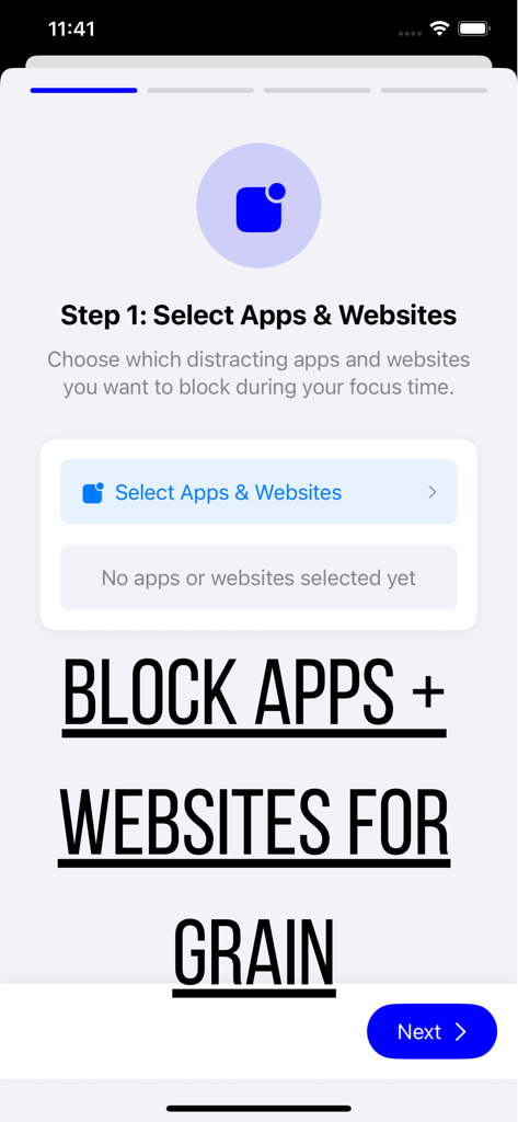 Pantalla de la aplicación Escape Goose para seleccionar aplicaciones y sitios web que distraen para bloquear durante el tiempo de concentración