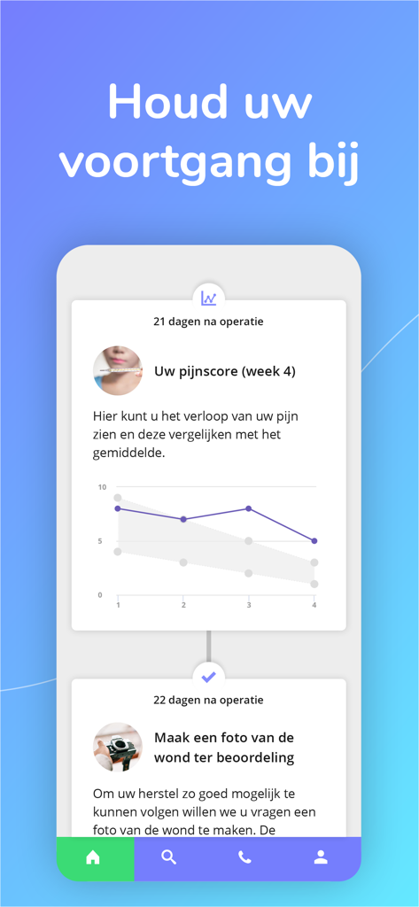 Écran de l'application Parcours Patient montrant un graphique de suivi de la douleur et une tâche de photo de la plaie