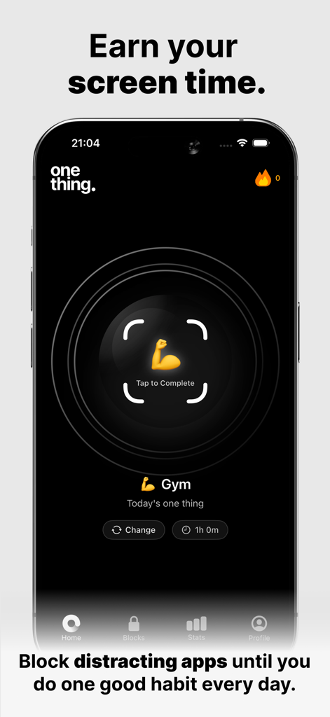 One Thing: Earn Your Scroll - One Thing app interface showing a gym activity goal required to unlock screen time and social media apps.
