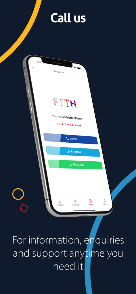 FTTH - Capture d'écran de la page de contact de l'application FTTH montrant les options de support 24h/24 et 7j/7 pour appeler Facebook et WhatsApp