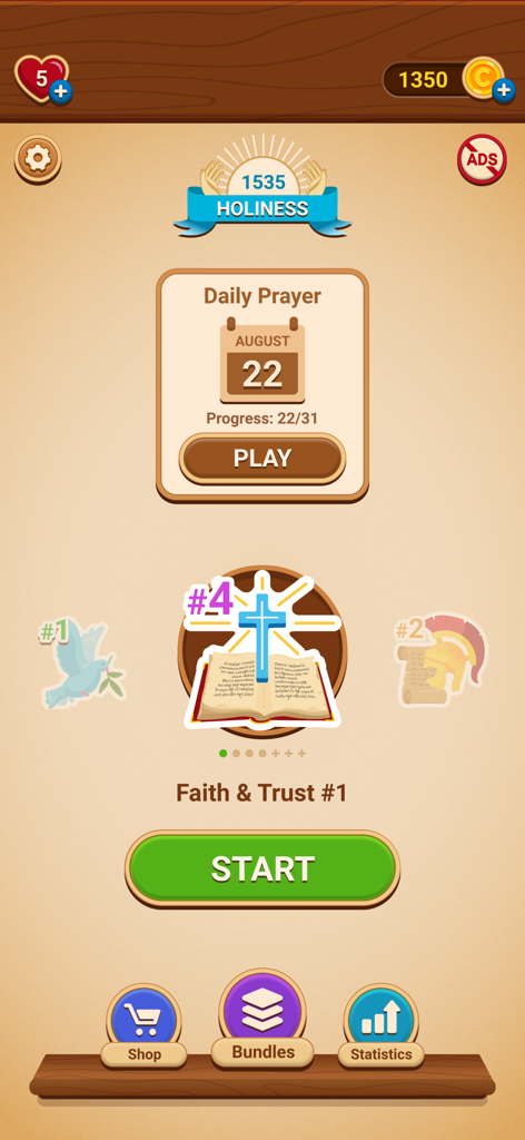 Cryptogram: Bible Code - The home screen of Cryptogram Bible Code featuring a daily prayer challenge and scripture puzzle categories like Faith and Trust.