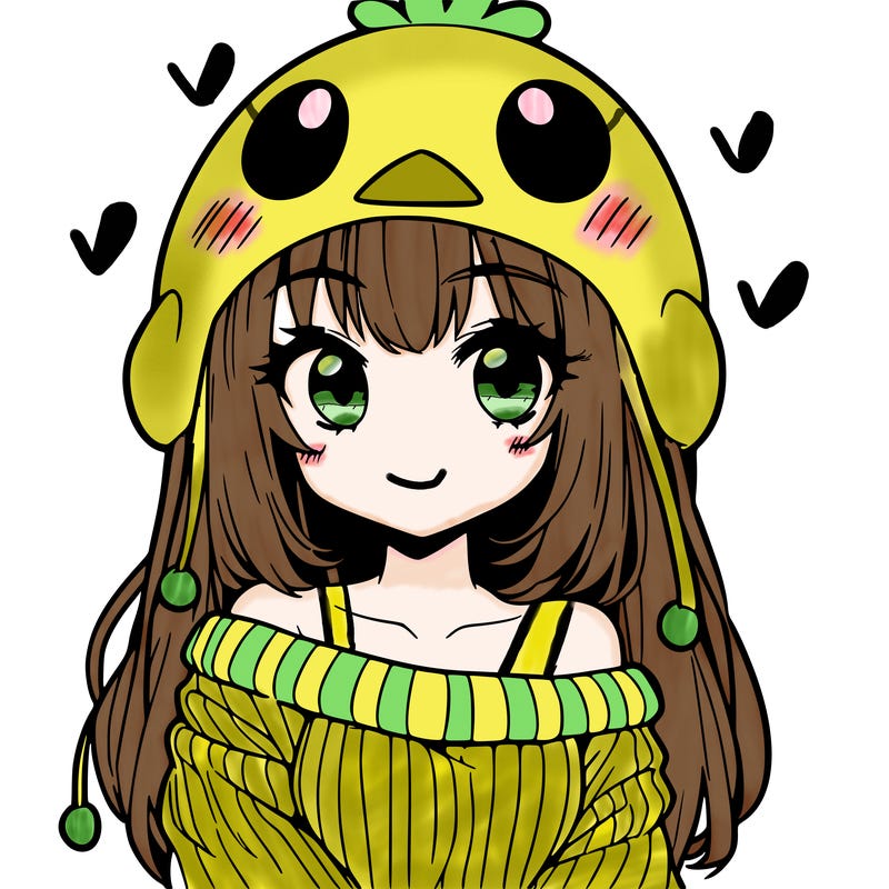 anime girl with chick shaped hat with sweater with bare shoulders with bangs covering them one eye with low tail