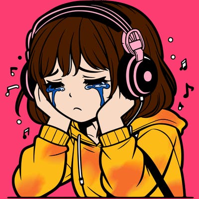 teenage girl crying with headphones