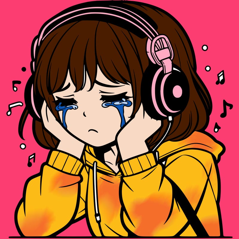 teenage girl crying with headphones